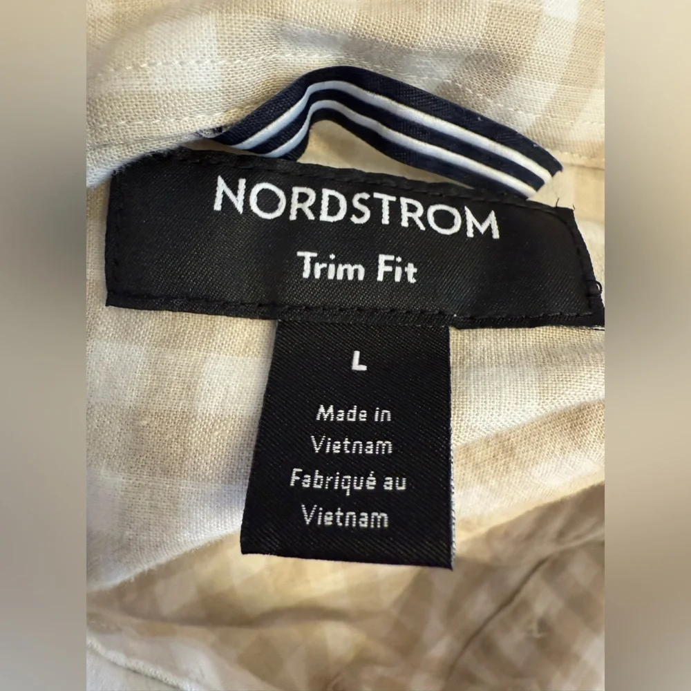 Nordstrom Men’s Button Down Linen Blend Dress Shirt Tan White Size Large Trim - Picture 3 of 7